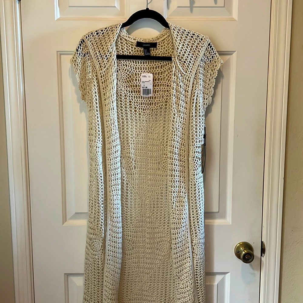 Forever 21, NWT Open-Knit Longline Cardigan Sweater. Cream Color, Size Small